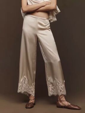 Reformation Carola Silk Lace-Trim Pants - Almond color